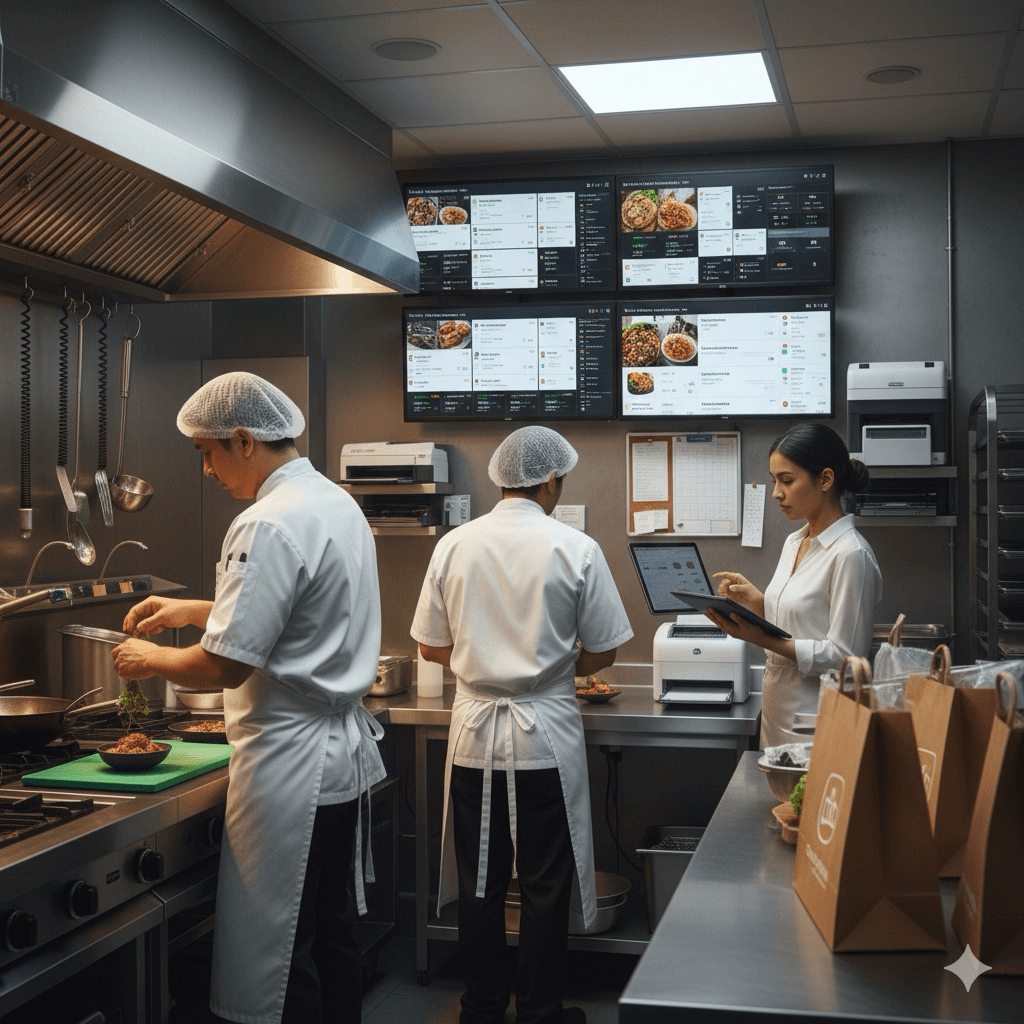 Cloud kitchen with multiple burger preparation stations